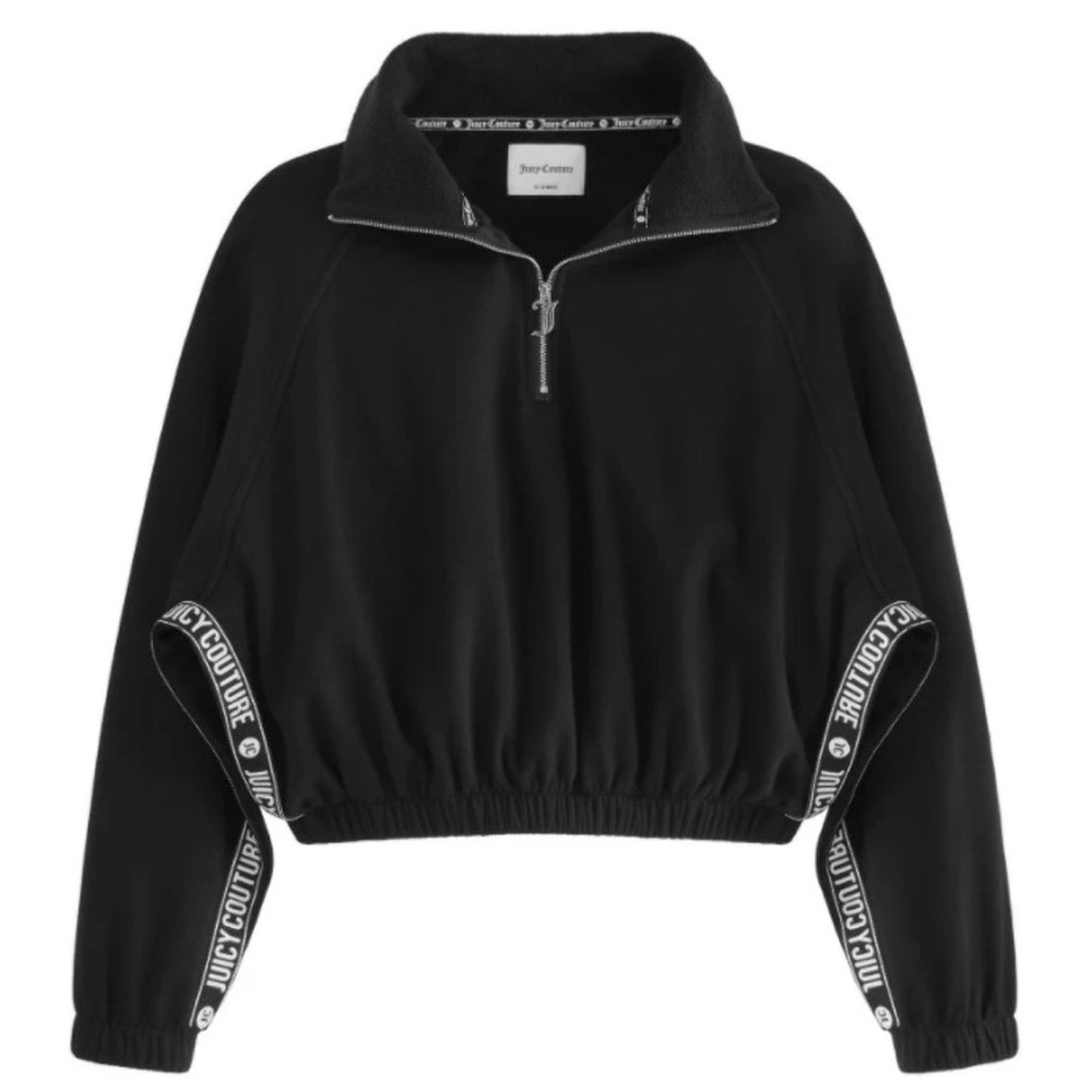 JUICY COUTURE Logo Tape Crop Half Zip Raglan Sweatshirt in Black / White XL